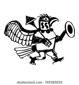 Isolated vector illustration. Mythological creature. Running warrior eagle.  Based on ethnic image of Peruvian Mochica Indians. Pre-Columbian Moche culture. Hand drawn sketch.
