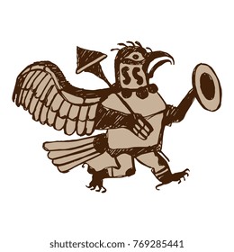Isolated vector illustration. Mythological creature. Running warrior eagle.  Based on ethnic image of Peruvian Mochica Indians. Pre-Columbian Moche culture. Hand drawn sketch.