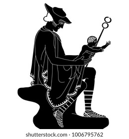 Isolated vector illustration. Mythological scene. Ancient Greek god Hermes holding the infant Dionysus. Based on classical vase image.