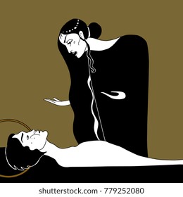 Isolated vector illustration. Mythological scene. Pieta. Goddess mourning over dead God. Adonis and Persephone. Salome and Iokanaan. Based on hand drawn original style art.