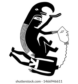 Isolated vector illustration. Native American tribal motif. Mimbres pottery. Decapitation of captive. Scene of sacrifice. Black and white silhouette.