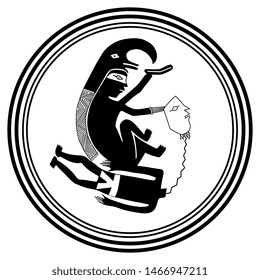 Isolated vector illustration. Native American tribal motif. Mimbres pottery. Decapitation of captive. Scene of sacrifice. Black and white silhouette.