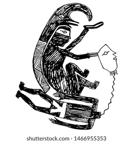 Isolated vector illustration. Native American tribal motif. Mimbres pottery. Decapitation of captive. Scene of sacrifice. Black and white silhouette. Hand drawn doodle sketch.