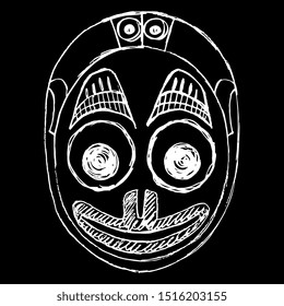 Isolated vector illustration. Native American tribal mask of Tlingit Indians. Stylized human skull. Hand drawn linear doodle sketch. White silhouette on black background.