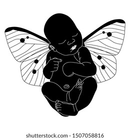 Isolated vector illustration. Newborn baby with transparent butterfly or moth wings. Infant angel or fairy child. Black and white silhouette.