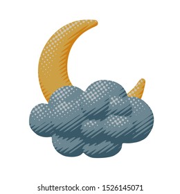 Isolated vector illustration of night orange moon. Flat weather poster of gray cloud shape in evening dream moonlight in cloudscape with climate pattern in nature object or cutout for print graphic.