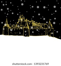 Isolated vector illustration. Night view of a medieval castle in winter under snowflakes. Chateau D'Aigle In Canton Vaud, Switzerland. Hand drawn linear doodle ink sketch.