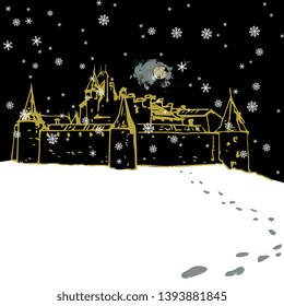 Isolated vector illustration. Night view of a medieval castle in winter under snowflakes and full moon and human footprints in the snow. Chateau D'Aigle In Canton Vaud, Switzerland. Hand drawn art.