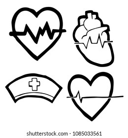Isolated Vector Illustration of Nurse Cap, Heart, ECG. Outline, Silhouette, Flat, Icon, Sign, Logo, Symbol, Object, Graphic Design, Background, Element, Illustration for Print.