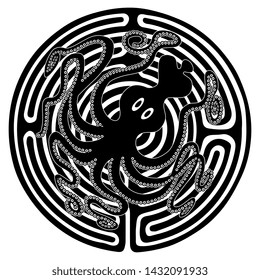Isolated vector illustration. Octopus in a maze or labyrinth. Black and white silhouette. 