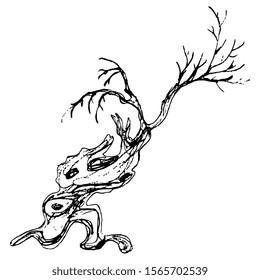 Isolated vector illustration. Old bare tree. Hand drawn linear doodle ink sketch. Black silhouette on white background.