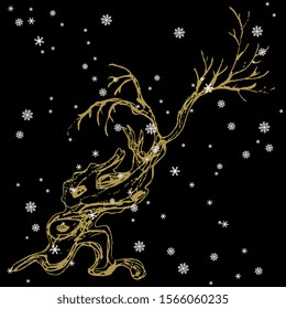 Isolated vector illustration. Old bare tree under snowflakes in winter night. Hand drawn doodle sketch.