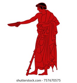 Isolated vector illustration. Old Greek youth. Red silhouette with black outlines.