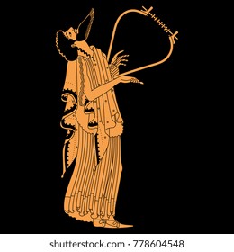 Isolated vector illustration. Old Greek god Dionysus playing a lyre. Based on ancient vase painting image.