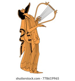 Isolated Vector Illustration. Old Greek God Dionysus Playing A Lyre. Based On Ancient Vase Painting Image.