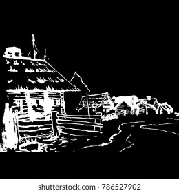 Isolated vector illustration. Old rural street. Ancient Russian town Kargopol. Based on hand drawn linear sketch.