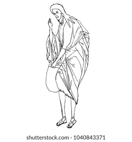 Isolated vector illustration.  Old Russian Orthodox male saint holding a scroll. St. John the Baptist. Hand drawn linear sketch based on art of Andrei Rublev. Black silhouette on white background.
