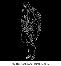 Isolated vector illustration.  Old Russian Orthodox male saint holding a scroll. St. John the Baptist. Hand drawn linear sketch based on art of Andrei Rublev. White silhouette on black background.