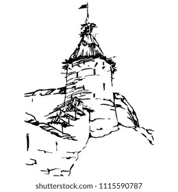 Isolated vector illustration. Old Russian architecture. Fortress Kremlin of city Pskov. Tower of Kutecroma. Hand drawn black and white linear sketch.
