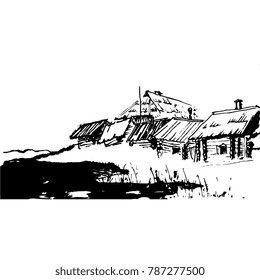 Isolated vector illustration of old village. View of rural wooden houses near the lake. Kargopol, Russia. Based on hand drawn sketch.