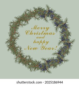 Isolated vector illustration on a light shade of green, Round floral frame made of juniper branches.