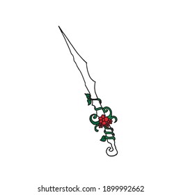 An isolated vector illustration on a white background featuring a unique and intricate sword design, representing a fantasy weapon with an ancient aesthetic appeal.