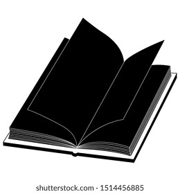 Isolated vector illustration. Open book with blank pages. Black and white silhouette.