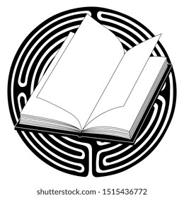Isolated vector illustration. Open book with blank pages inside a maze or labyrinth. Metaphor for knowledge. Black and white silhouette.