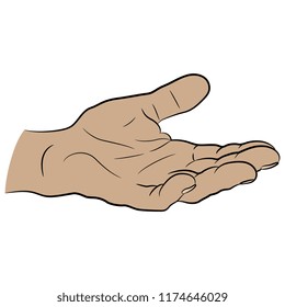 Isolated vector illustration. Open human male palm. Hand drawn linear sketch. Cartoon style.