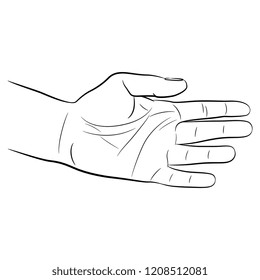 Isolated vector illustration. Open human hand or palm. Hand drawn linear sketch. Black silhouette on white background.