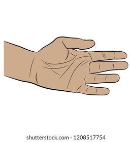 Isolated vector illustration. Open human Caucasian hand or palm. Hand drawn linear sketch. Cartoon style.