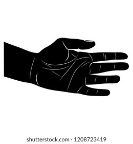 Isolated vector illustration. Open human hand or palm. Black and white linear silhouette. Cartoon style.