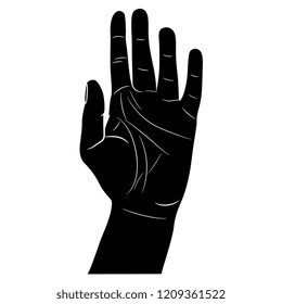 Isolated vector illustration. Open human raised up hand or palm in stop gesture. Black and white linear silhouette. Cartoon style.
