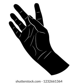 Isolated vector illustration. Open human hand in greeting or pointing gesture. Black and white linear silhouette. Cartoon style.
