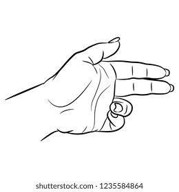 Isolated vector illustration. Open human hand or palm with bent fingers. Hand drawn linear sketch. Black silhouette on white background.