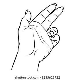 Isolated vector illustration. Open human hand or palm with bent fingers. Hand drawn linear sketch. Black silhouette on white background.
