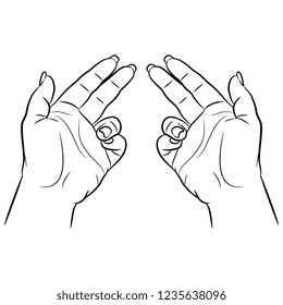 Isolated vector illustration. Open human hand or palm with bent fingers. Black and white linear silhouette. Cartoon style.
