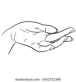 Isolated vector illustration. Open human Female hand palm. Elegant gesture. Black and white linear silhouette.