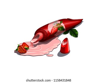Isolated vector illustration of an open tube with strawberries flavour cream spilled around. Advertising example.