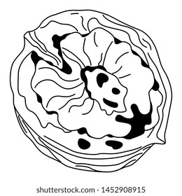 Isolated vector illustration. Open walnut half on black. Black and white silhouette.
