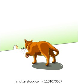 Isolated vector illustration of a orange cat waiting for a mouse near the wall, view from behind.
