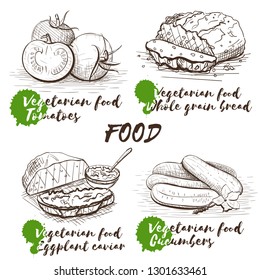 Isolated vector illustration. Organic healthy food. Vintage hand drawn template with vegan dishes for decorative design. Restaurant menu. Tomatoes, cucumbers, eggplant caviar and whole grain bread.