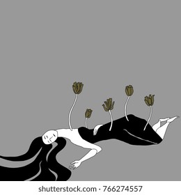 Isolated vector illustration. Original style hand drawn art. Lying girl with tulips sprouting through her body. Archetype of Greek goddess Persephone.