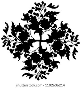 Isolated Vector Illustration. Ornate Floral Cross Or Mandala Made Of Four Blooming Hawthorn Branches. Black Silhouette On White Background.