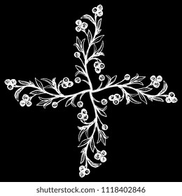 Isolated vector illustration. Ornate floral cross made of branches with berries. Hand drawn sketch. White silhouette on black background.
