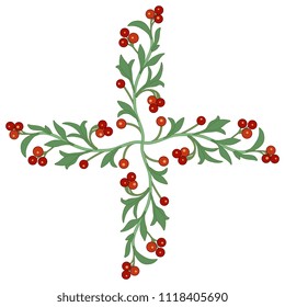 Isolated vector illustration. Ornate floral cross made of four branches with red berries. Folk style.