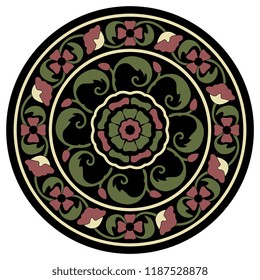 Isolated vector illustration. Ornate floral round decor or mandala. Folk style.