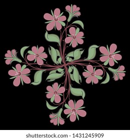 Isolated vector illustration. Ornate floral decor or cross with four flower branches. Folk style. On black background.