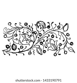 Isolated vector illustration. Ornate floral motif in folk style. Hand drawn doodle ink sketch.  Black silhouette on white background.