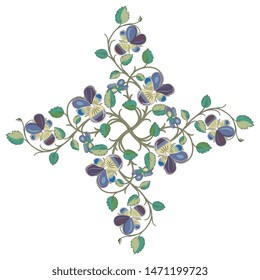 Isolated vector illustration. Ornate floral decor. Rhombus made of pansy flower branches. Viola tricolor.